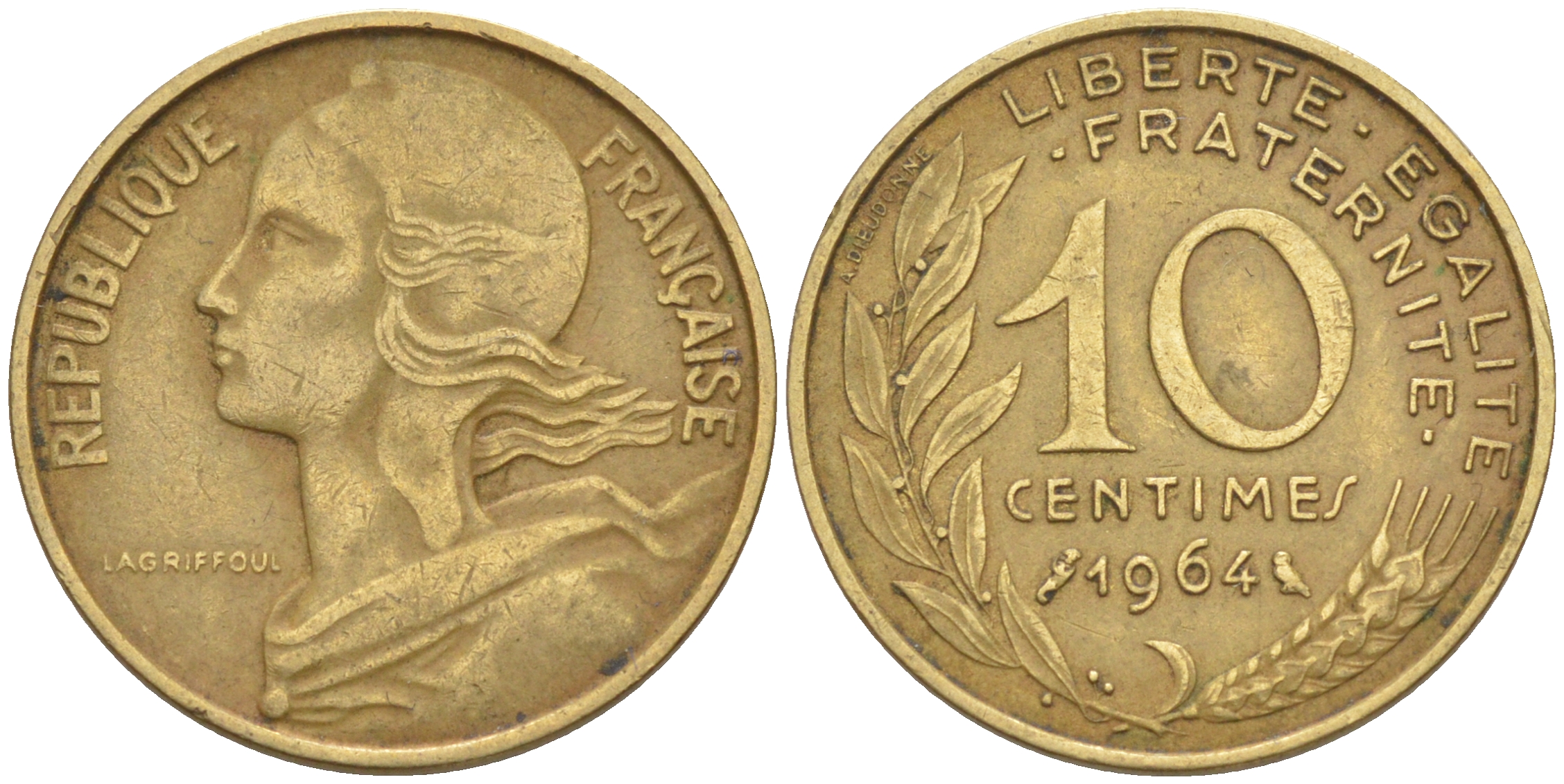 Франция 10 сантимов 1964 тип Marianne KM 929, LE FRANC 144.4 медь алюминий никель 4511-731