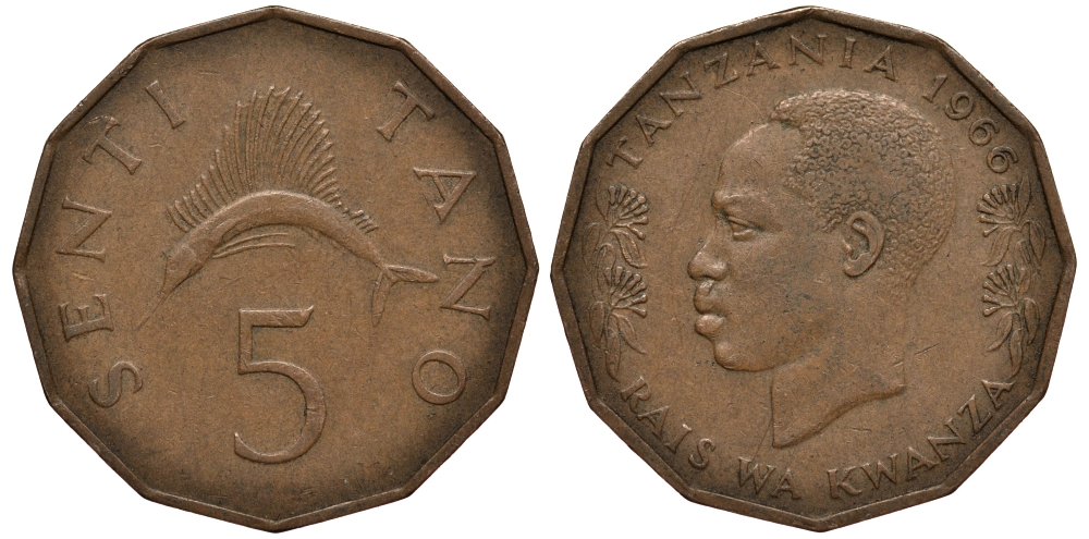 ТАНЗАНИЯ 5 СЕНТИ 1966 KM 1 бронза 4182-343