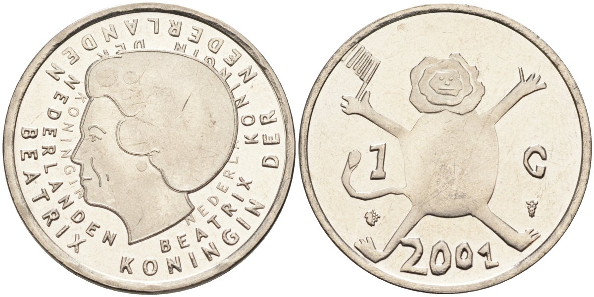 Нидерланды 1 гульден 2001 прощай гульден, детский рисунок, лев с флагом в руках KM 233 никель UNC 4586-1241