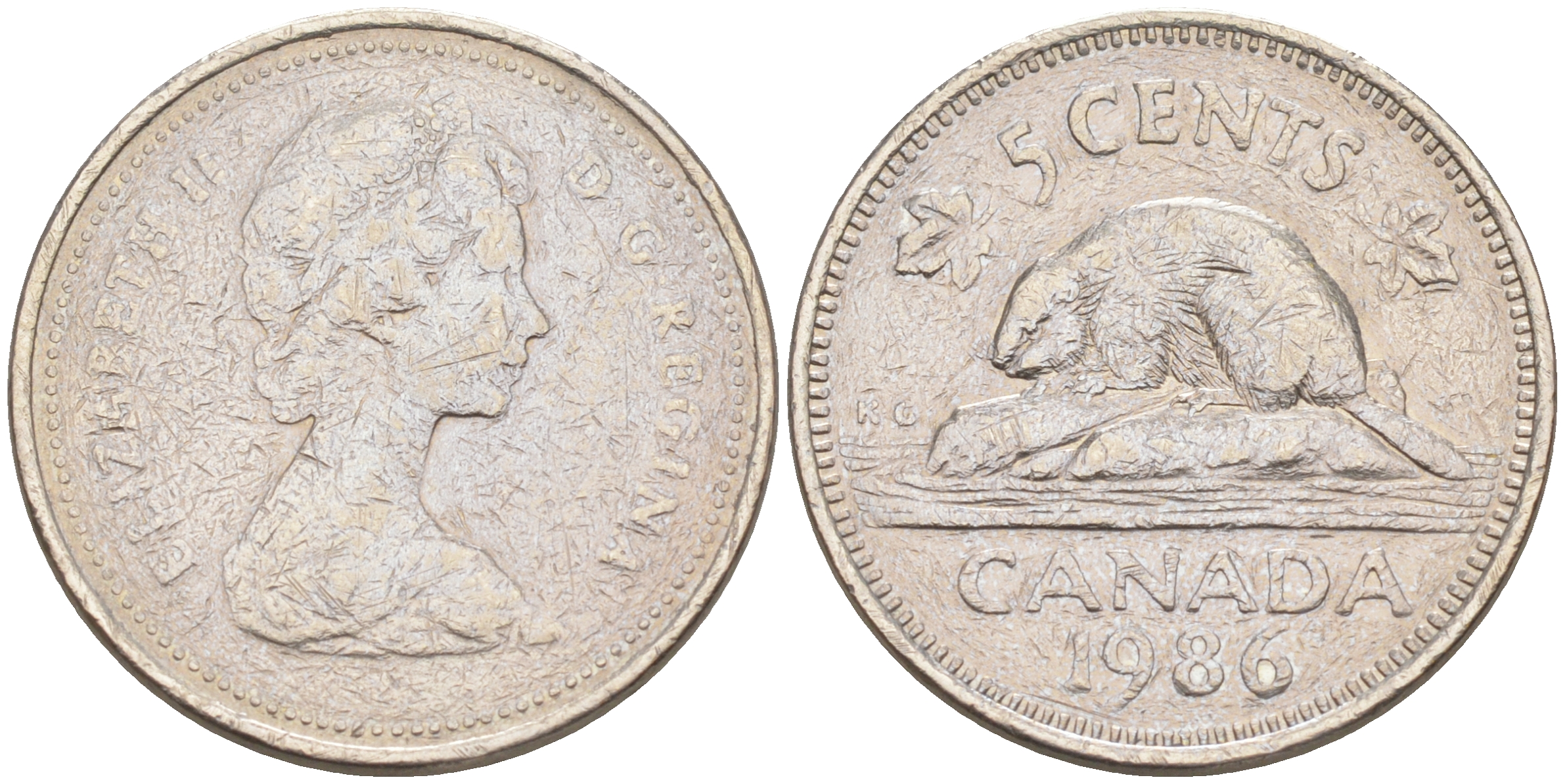 Канада 5 центов 1986 Елизавета II (1952-2022), бобер KM 60.2 a медно-никель 190-455