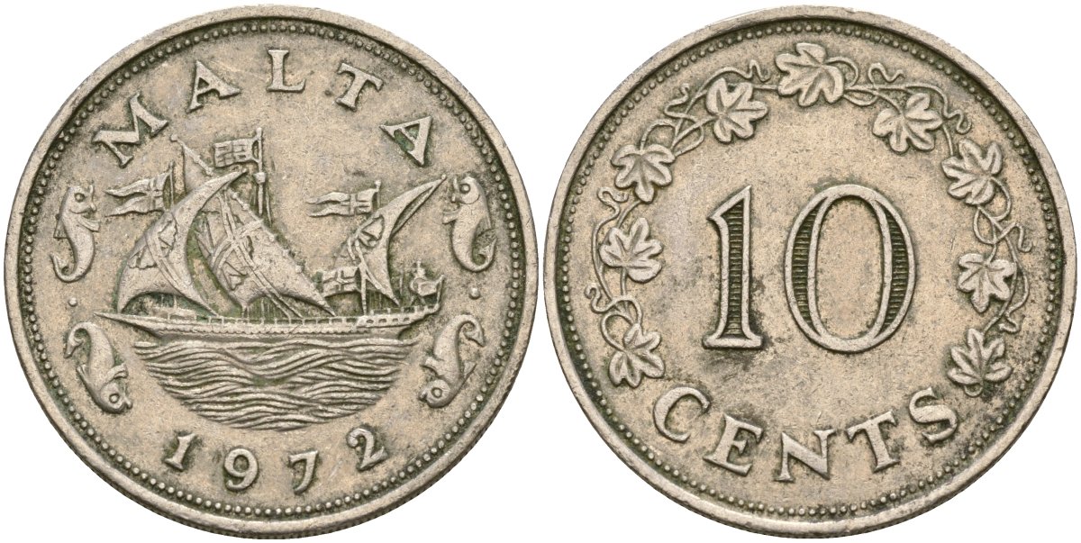 Мальта 10 центов 1972 баржа Великого магистра KM 11 медно-никель 4137-924