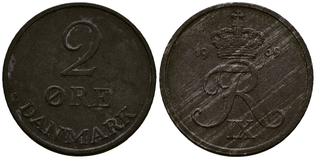 Дания 2 эре 1969 Фредерик IX (1947-1972) KM 840 цинк 4176-534