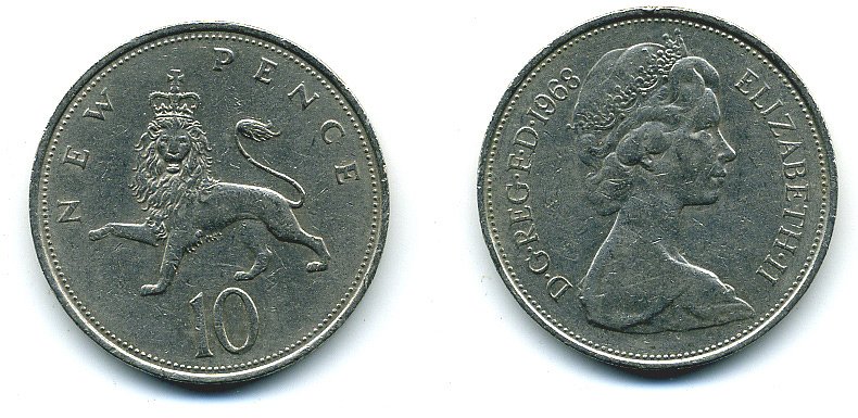 Великобритания 10 пенсов 1968 Елизавета II (1952-2022) KM 912, Spink 4231 (F1) медно-никель  4110-1136