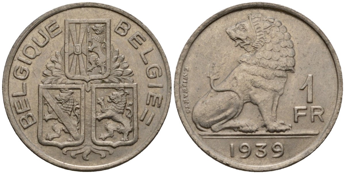 Бельгия 1 франк 1939 Belgique - Belgie KM 119 никель 4603-1245