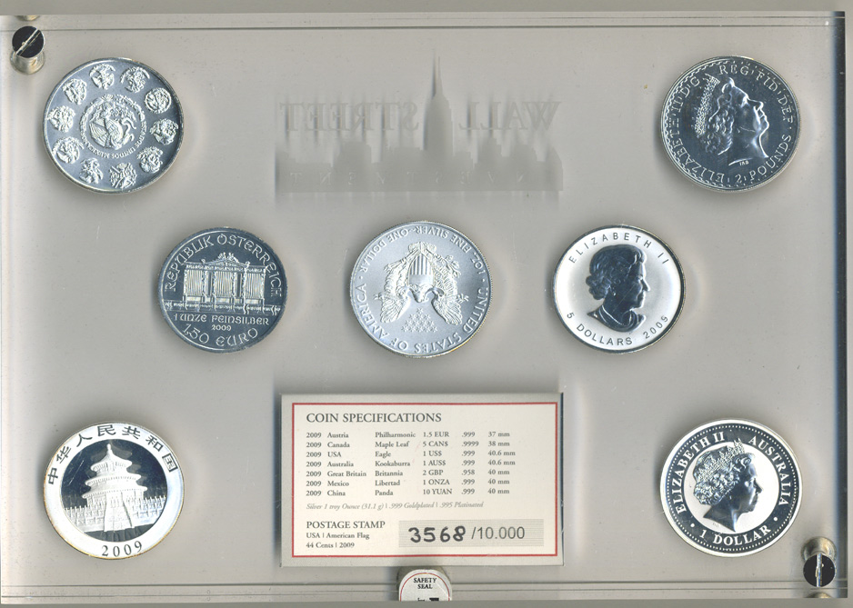 США набор из 7 монет 2009 №3568, WALL STREET INVESTMENT, в деревянной коробке, сертификат  серебро  UNC,  PROOF 5-4-5-09