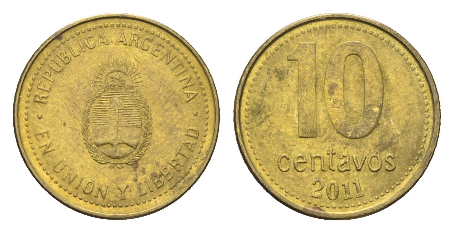 Аргентина 10 сентаво 2011 KM 107a сталь плакированная латунью UNC 4664-614