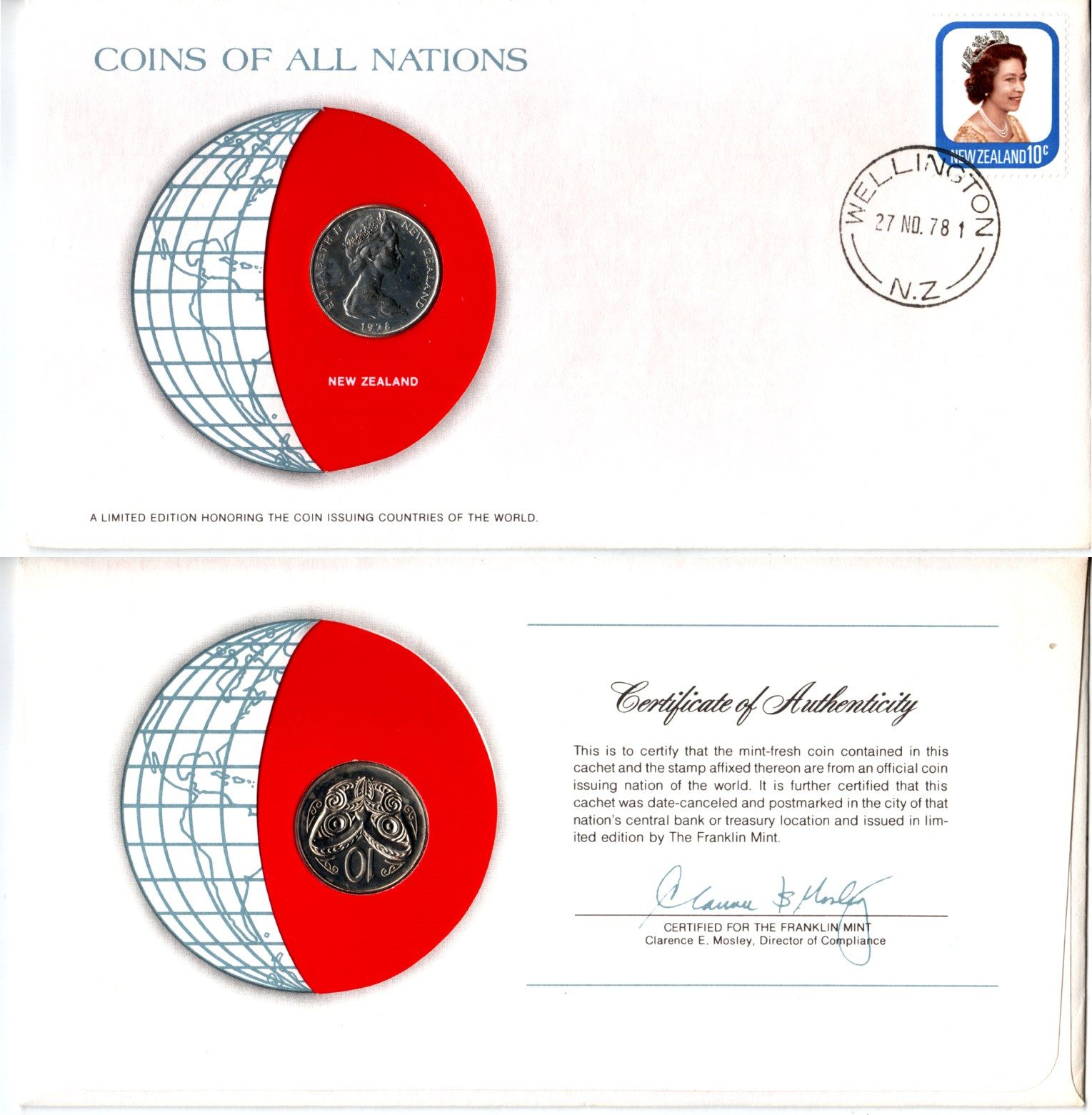 Новая Зеландия 10 центов 1978 конверт с маркой первого дня гашения, Coins of Nations KM 41 медно-никель UNC 4294-37-1