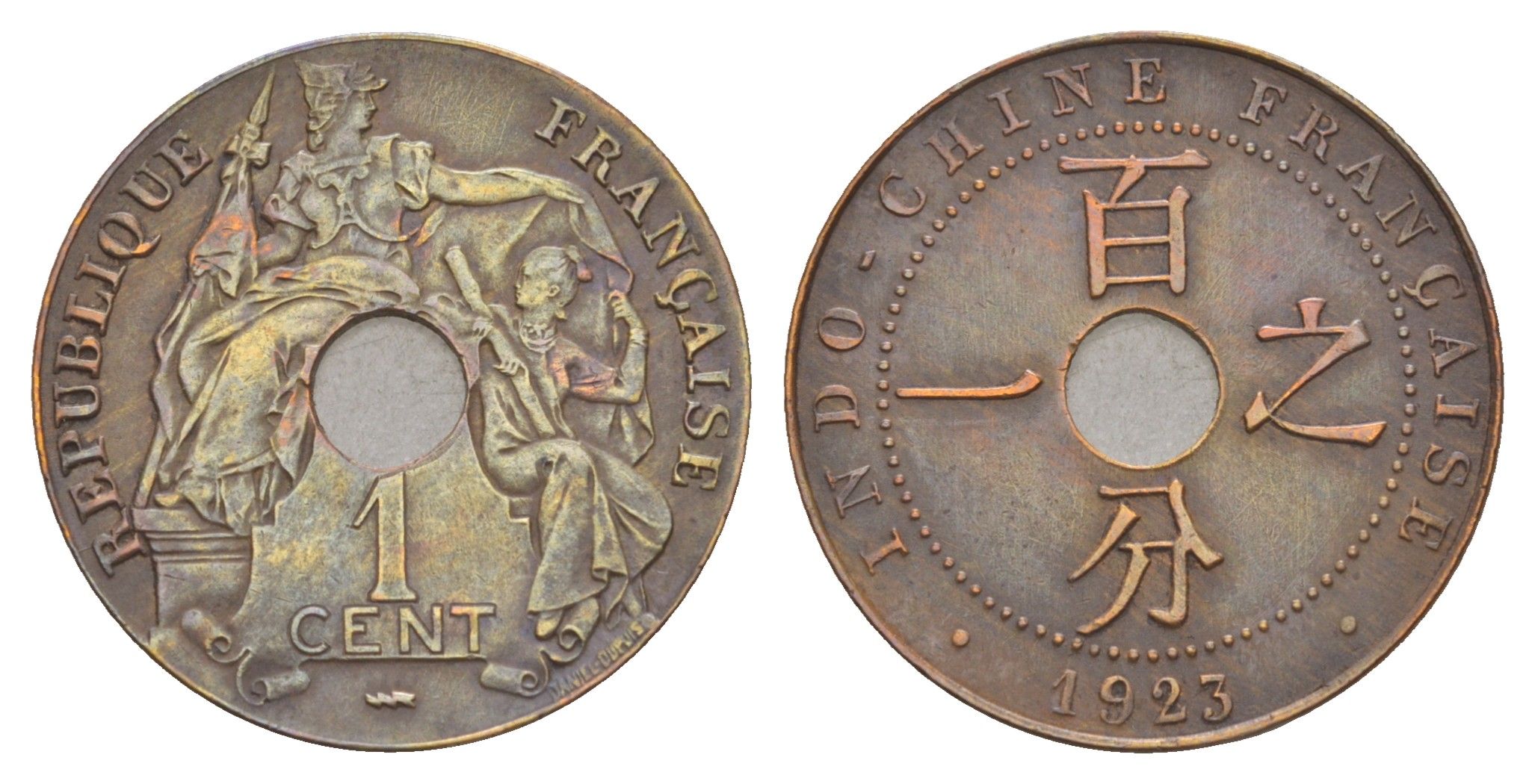 Французский Индокитай 1 сантим 1923 KM 12 бронза 4657-717