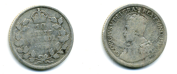 КАНАДА 10 ЦЕНТОВ 1913 ГЕОРГ V серебро 46-1066