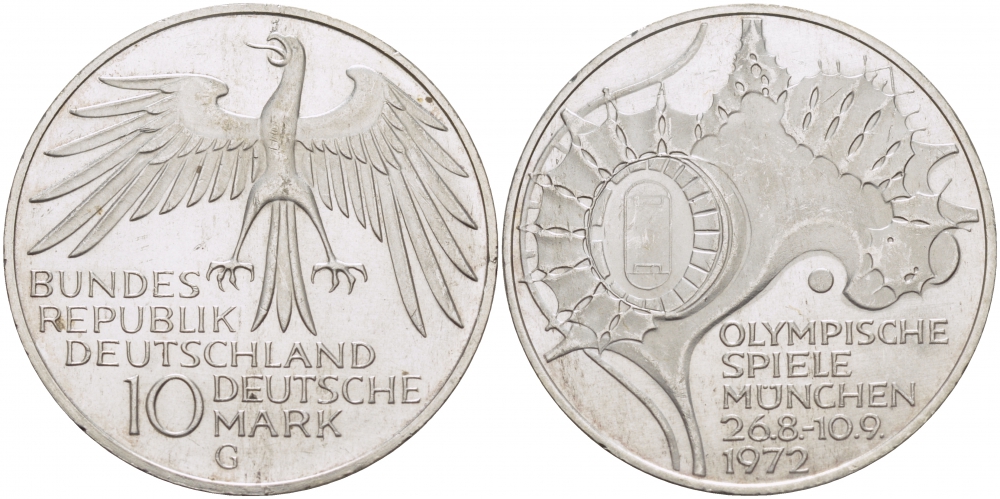 ФРГ 10 МАРОК 1972 G, ОЛИМПИАДА, СТАДИОН KM 133, J.404 серебро UNC 4127-124