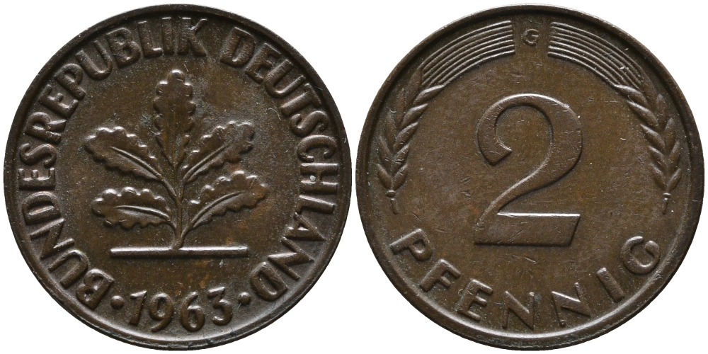 ФРГ 2 пфеннига 1963 G KM 106, J.381 бронза 99-134