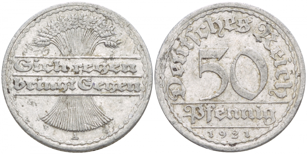 ГЕРМАНИЯ 50 ПФЕННИГОВ 1921 A KM 27, J. 301 алюминий 4539-742