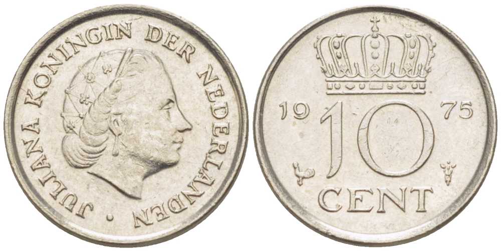НИДЕРЛАНДЫ 10 ЦЕНТОВ 1975 ЮЛИАНА (1948-1980) KM 182 никель 116-1235