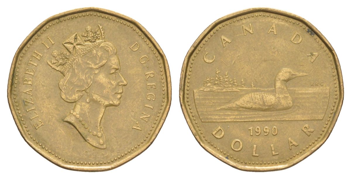 Канада 1 доллар 1990 Елизавета II (1952-2022), утка KM 186 никель плакированный позолоченной бронзой 4631-751