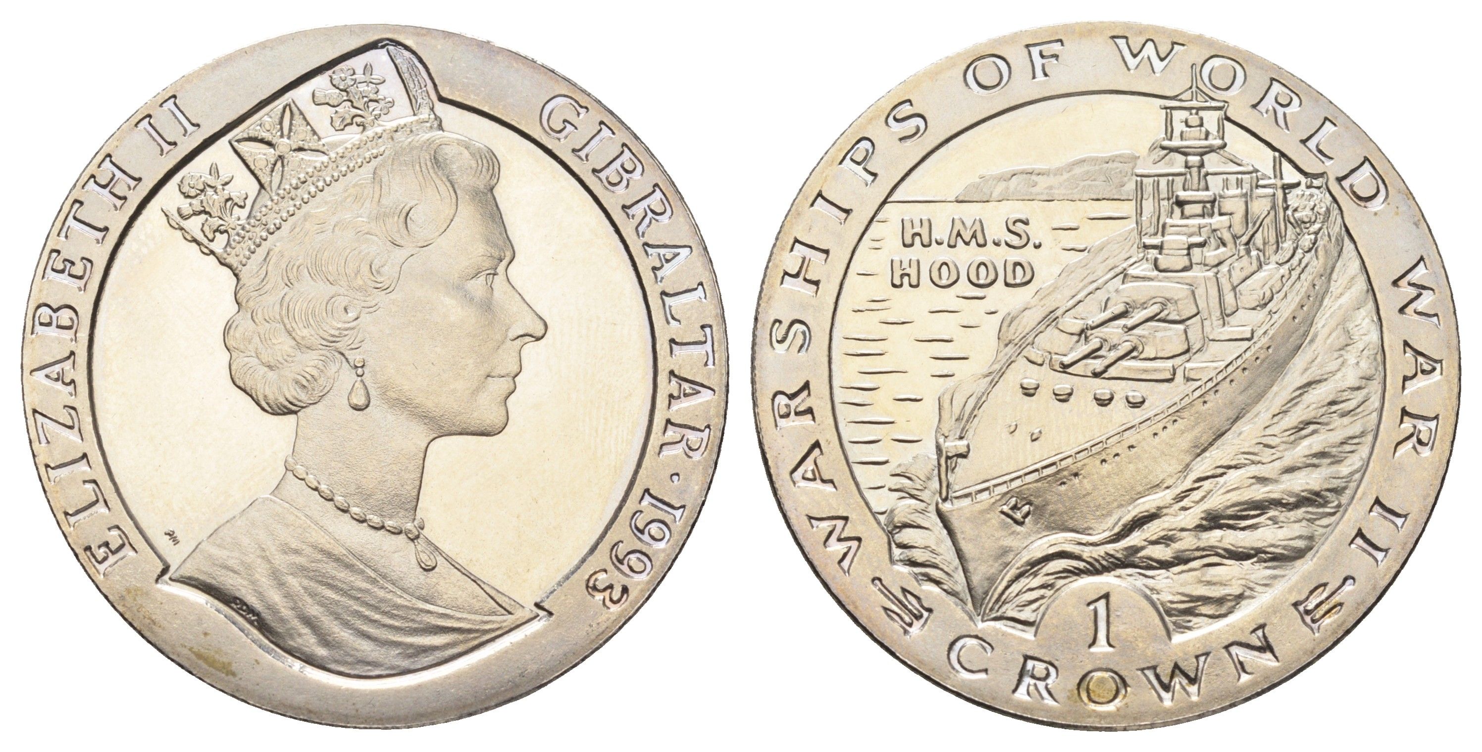 Гибралтар 1 крона 1993 Боевые корабли Второй мировой войны - H.M.S. Hood KM 118 медно-никель BU 1078-2-23