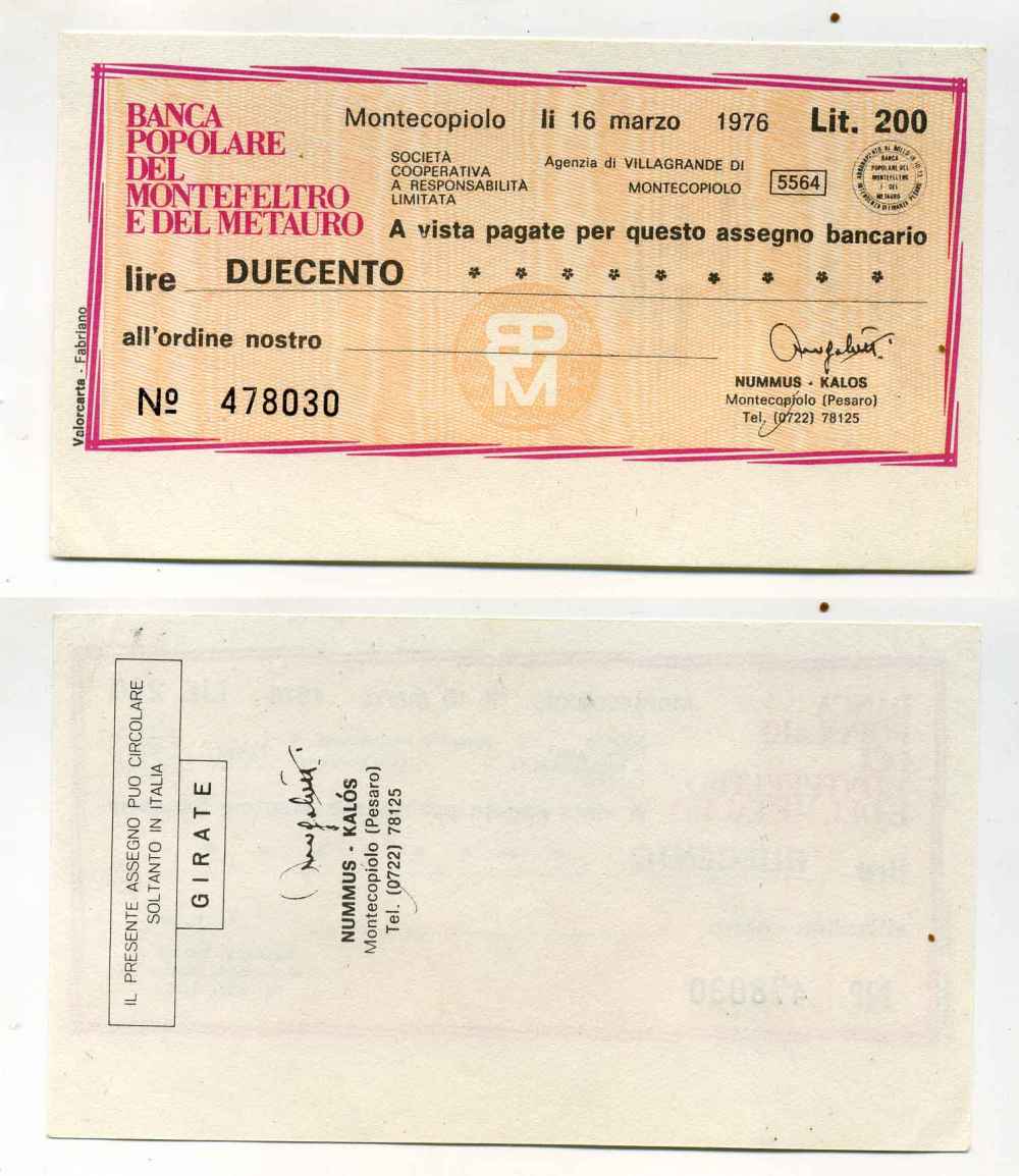 Италия чек на 200 лир 1976 Banca popoLare del Montefeltro e del Metauro, Montecopiolo 16 марта 1976 бумага UNC (пресс) 8588-11-4-1