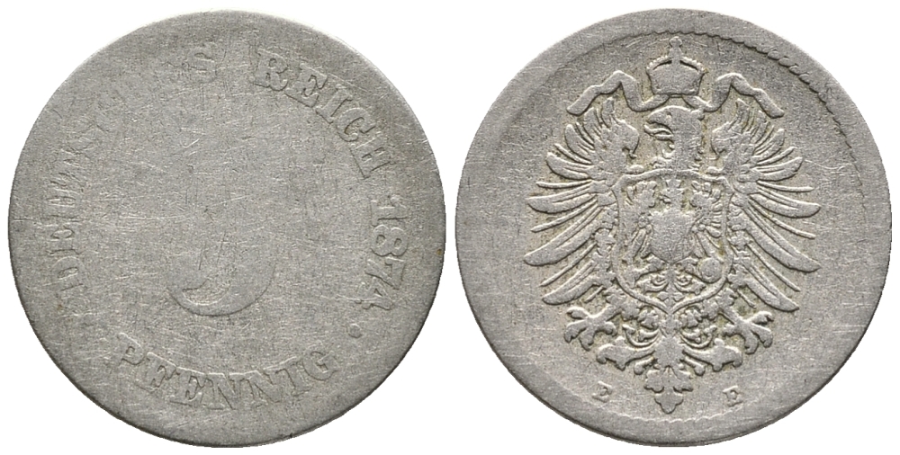 ГЕРМАНИЯ 5 ПФЕННИГОВ 1874 E, СТАРОГЕРБОВКА KM 3, J. 3 медно-никель 39-318