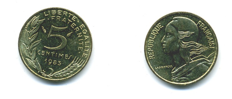 ФРАНЦИЯ 5 САНТИМОВ 1983 ТИП MARIANNE KM 933 медь алюминий никель 84-1546