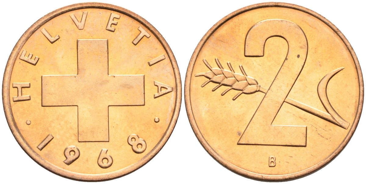 Швейцария 2 раппена 1968 В KM 47 бронза UNC 4571-151