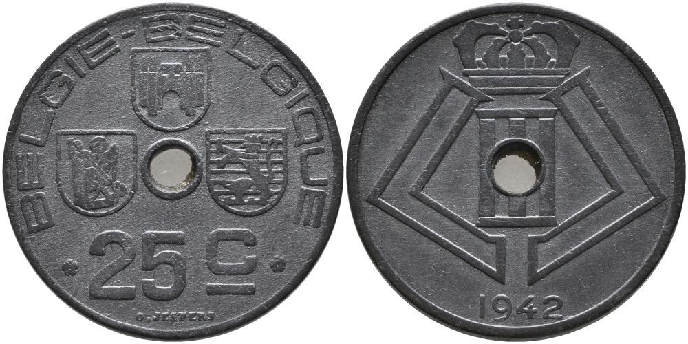 БЕЛЬГИЯ 25 САНТИМОВ 1942 BELGIE-BELGIQUE, ГЕРМАНСКАЯ ОККУПАЦИЯ, ВТОРАЯ МИРОВАЯ ВОЙНА KM 132 цинк 94-216