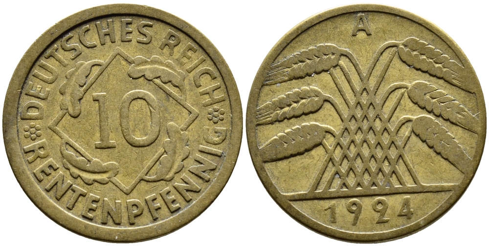 ГЕРМАНИЯ 10 РЕНТЕНПФЕННИГОВ 1924 A KM 33, J. 309, Weege 8 алюминиевая бронза 4390-826