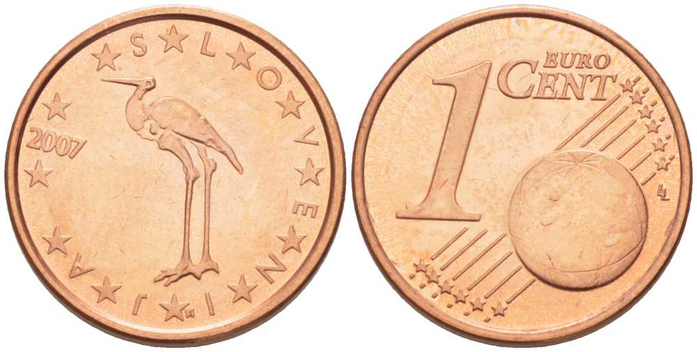 СЛОВЕНИЯ 1 ЕВРОЦЕНТ 2007 БЕЛЫЙ АИСТ KM 68 сталь плакированная медью UNC 214-423