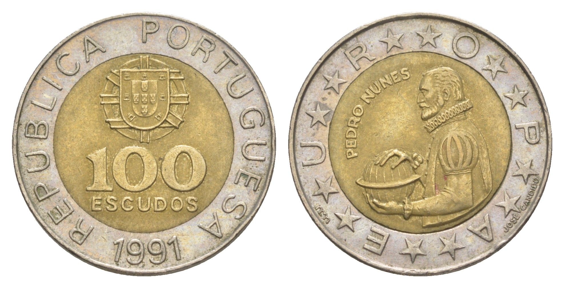 Португалия 100 эскудо 1991 Педру Нуниш (1502-1578), математик KM 645 биметалл 4388-753