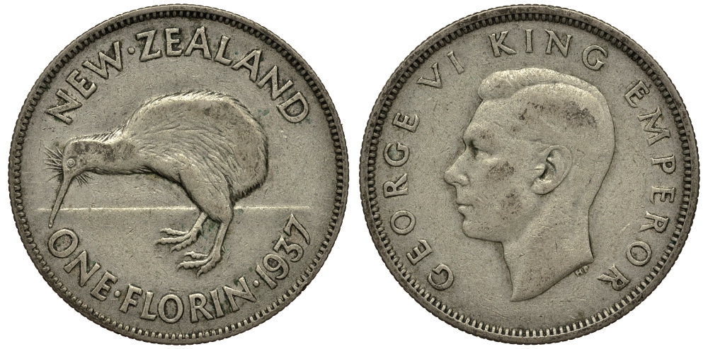 Новая Зеландия 1 флорин 1937 Георг VI (1936-1952), птичка киви, первый год KM 10.1 серебро 272-1432