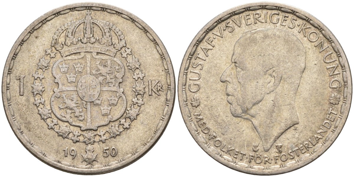 Швеция 1 крона 1950 TS, Густав VI Адольф (1950-1973) KM 814 серебро 4148-1132