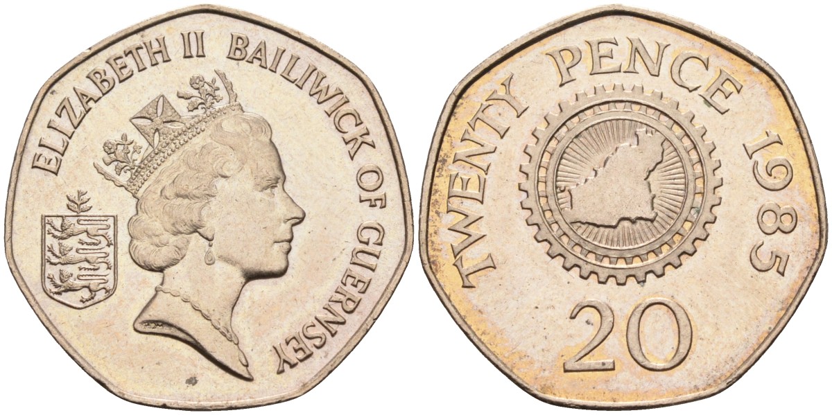 Гернси 20 пенсов 1985 карта острова в зубчатом колесе KM 44 медно-никель UNC 4582-325