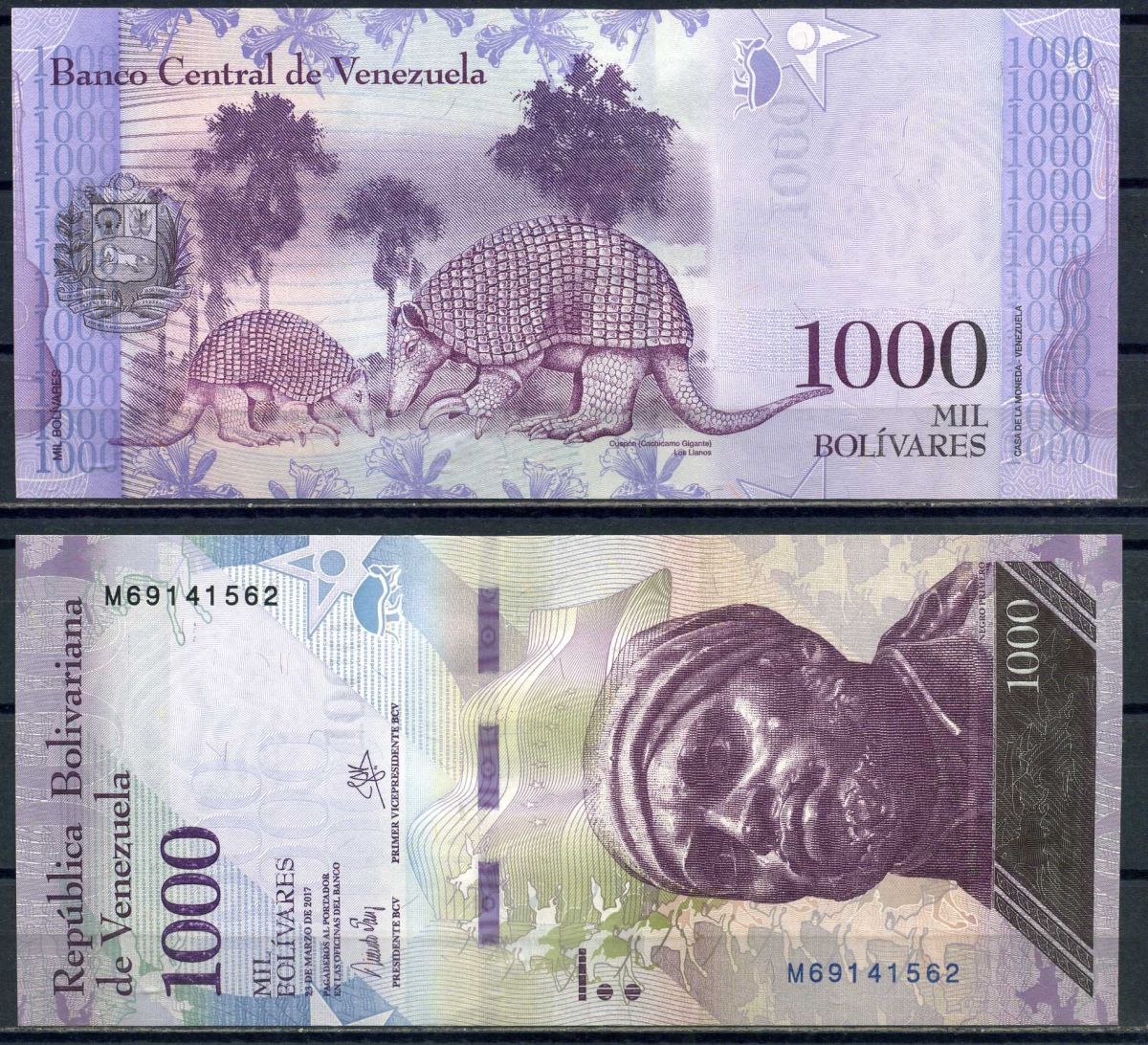 Венесуэла 1000 боливаров 2017 23 марта 2017, Негро Примеро, гигантские броненосцы Pick 95 b  бумага  UNC (пресс) 8592-22-4-2