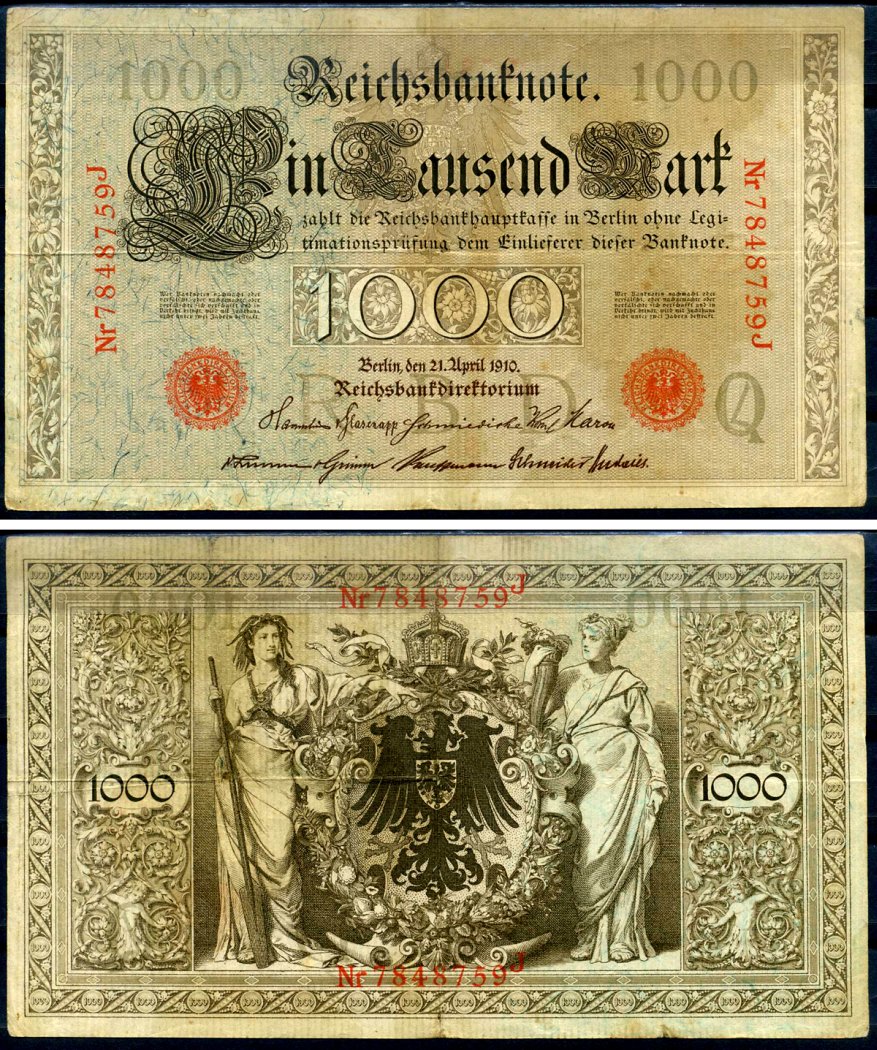 Германия 1000 марок 1910 21 апреля 1910, красная печать, номер семизначный, серия J, буква O, выпуск АПРЕЛЬ - ИЮЛЬ 1918 Pick 44 b бумага 2194-41-1-1