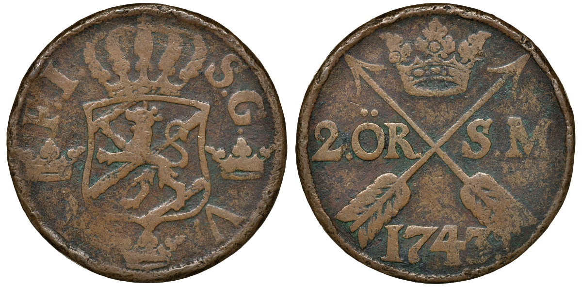 Швеция 2 эре 1743 S.M. Фредерик I (1720-1751) диаметр 34 мм, вес 28,3 гр KM 437 медь 4179-311