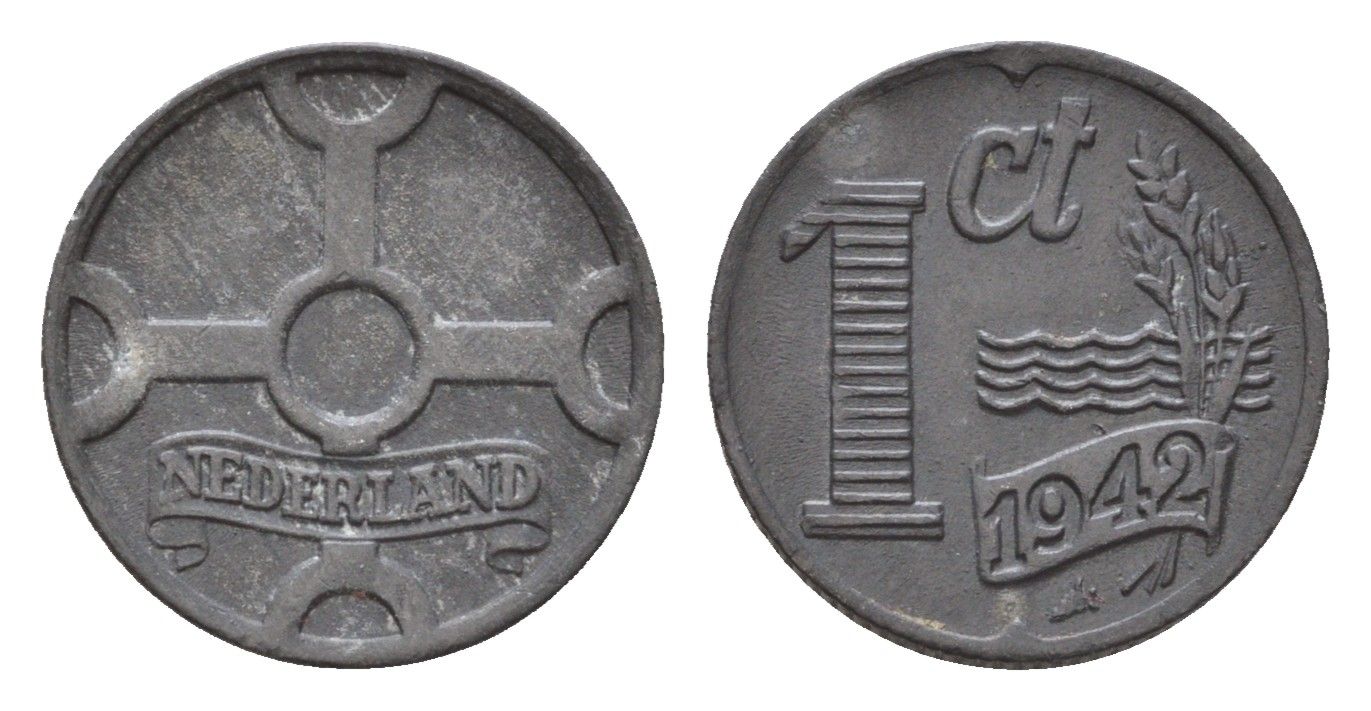 Нидерланды 1 цент 1942 Вильгельмина (1890-1948) KM 170 цинк 4674-1168