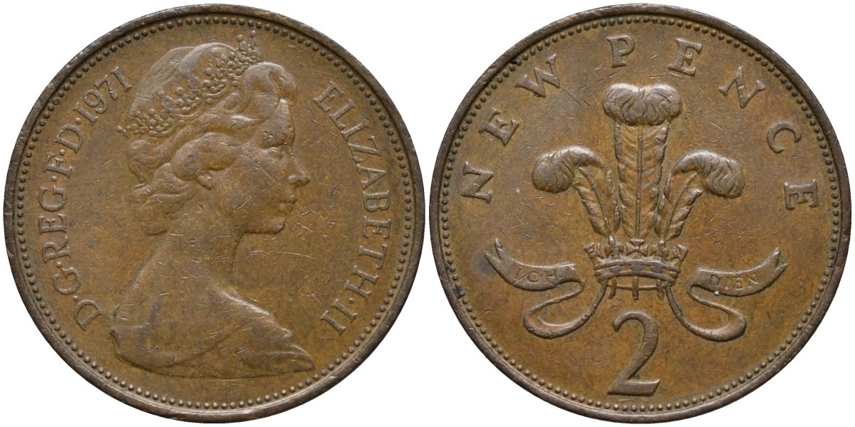 Великобритания 2 пенса 1971 Елизавета II (1952-2022) KM 916, Spink 4235 (C1) бронза 4171-636