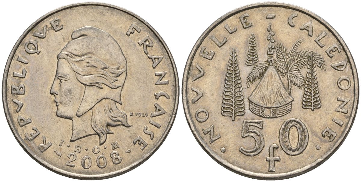 Французская Новая Каледония 50 франков 2008 хижина среди сосен и пальм, (IEOM) KM 13a, Schoen 15a, Lec 128i медно-никель 4111-313