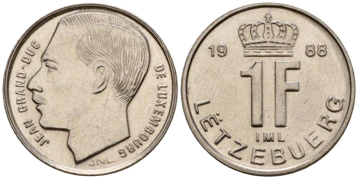 Люксембург 1 франк 1988 KM 63 сталь плакированная никелем 4602-325