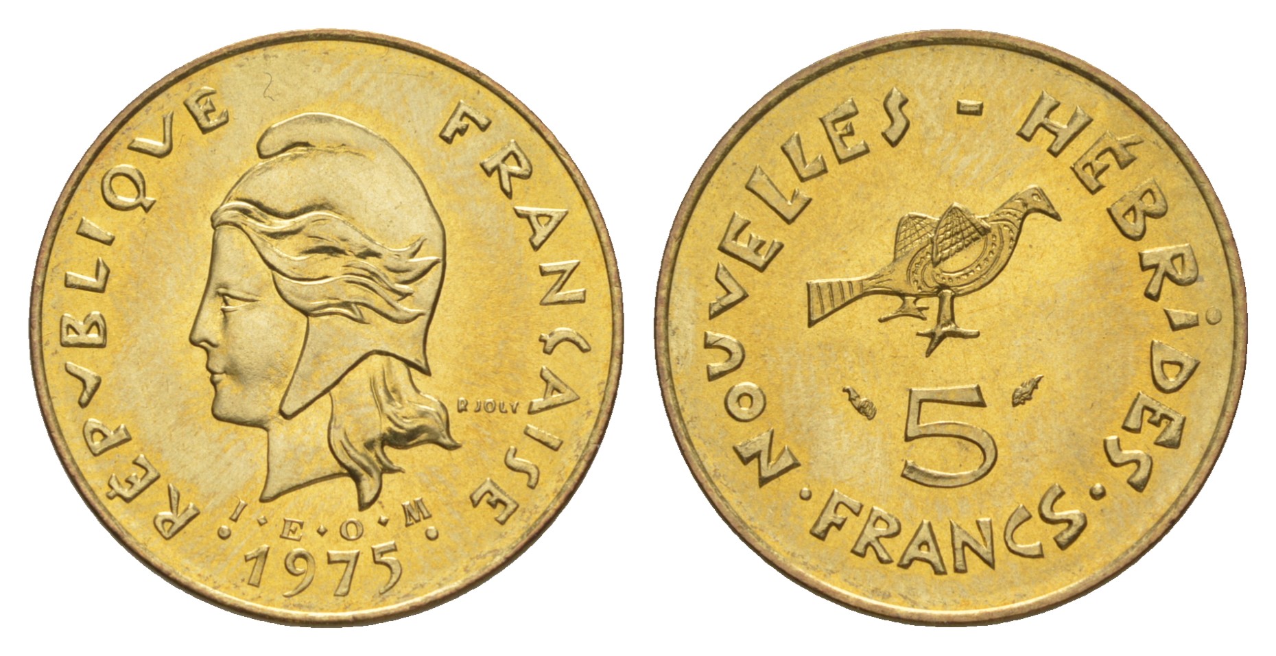Французские Новые Гебриды 5 франков 1975 заморские территории KM 6.2 медь алюминий никель  aUNC  4641-125