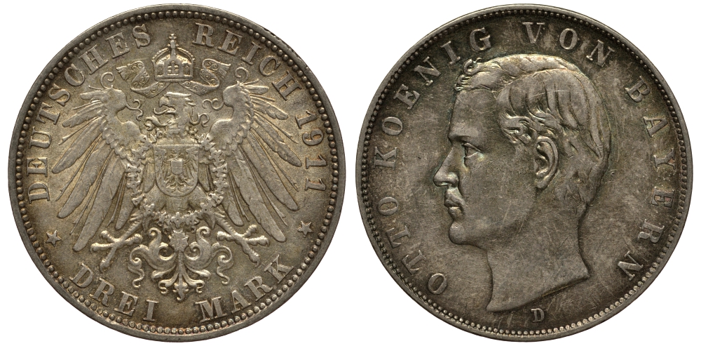 Бавария 3 марки 1911 Отто (1886-1913) Weege 45, J. 47, KM 515 серебро 3711-2023