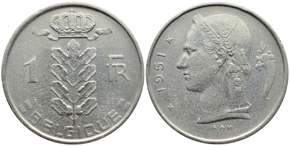 БЕЛЬГИЯ 1 ФРАНК 1951 BELGIQUE KM 142.1 медно-никель 4390-825