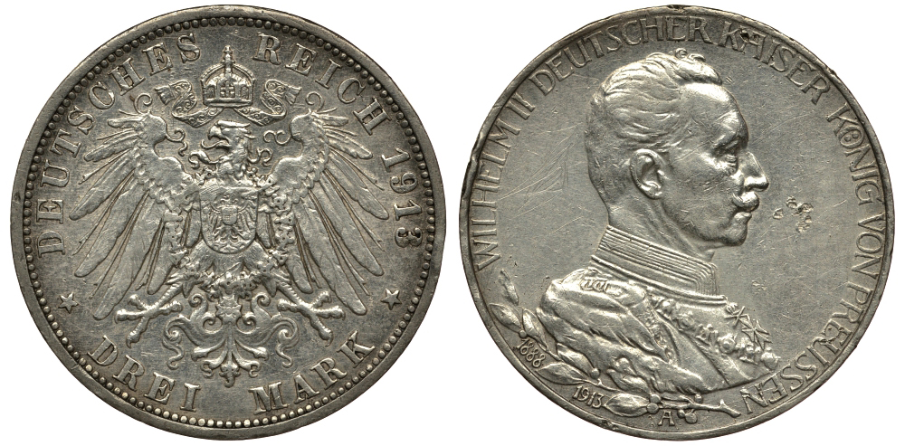 Пруссия 3 марки 1913 Вильгельм II (1888-1918) в мундире KM 535, J.112 серебро 413-2321
