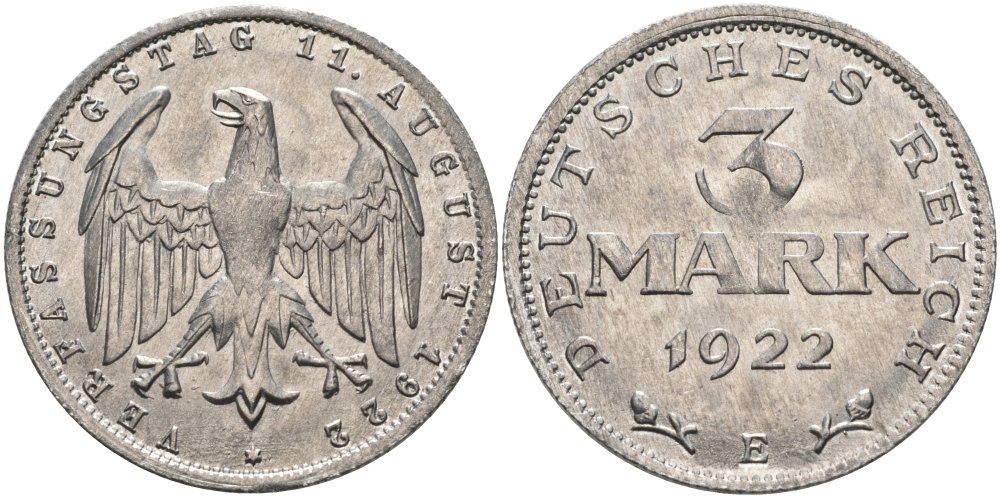 Германия 3 марки 1922 Е, третья годовщина Веймарской Конституции KM 29, J.303 алюминий UNC 4574-746