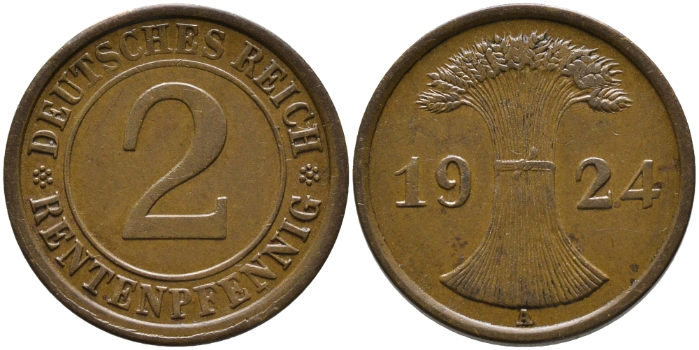 ГЕРМАНИЯ 2 РЕНТЕНПФЕННИГА 1924 А KM 31, J.307 бронза 96-611