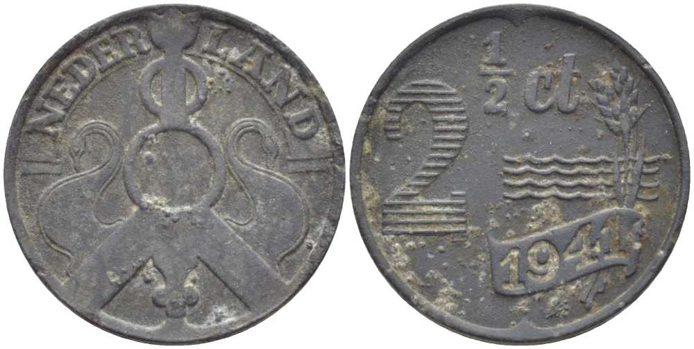 НИДЕРЛАНДЫ 2 1/2 ЦЕНТА 1942 ВИЛЬГЕЛЬМИНА (1890-1948) KM 171 цинк 66-136