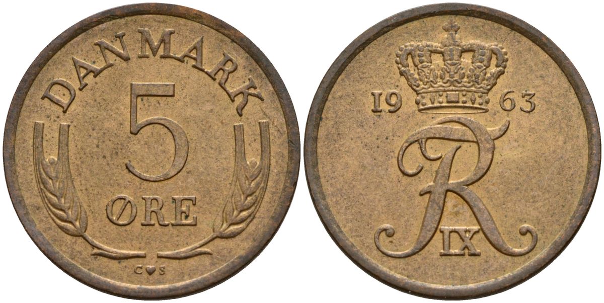 Дания 5 эре 1963 C;S, Фредерик IX (1947-1972) KM 848 бронза 4150-912