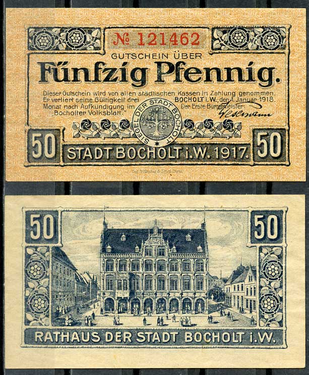 Германия, Бохольт 50 пфеннигов 1918 нотгельд, 01.01.1918 Tieste 0785.05.02 бумага 8614-47-4-1