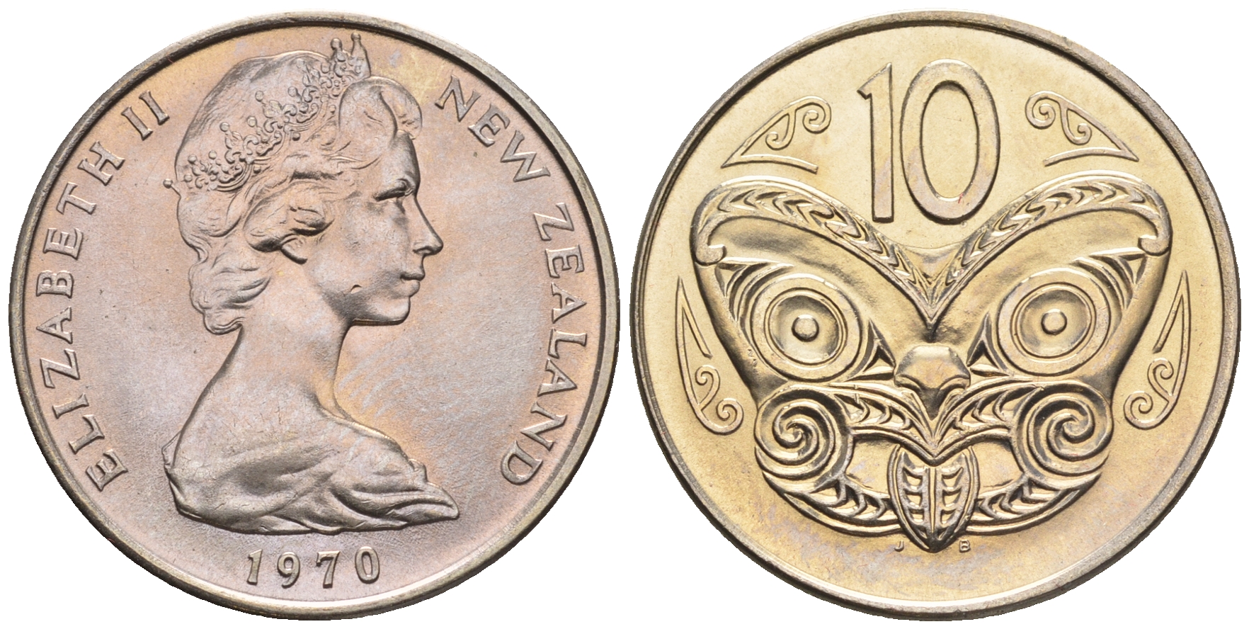 Новая Зеландия 10 центов 1970 Елизавета II (1952-2022), маска маори KM 41.1 медно-никель  UNC  4177-1144