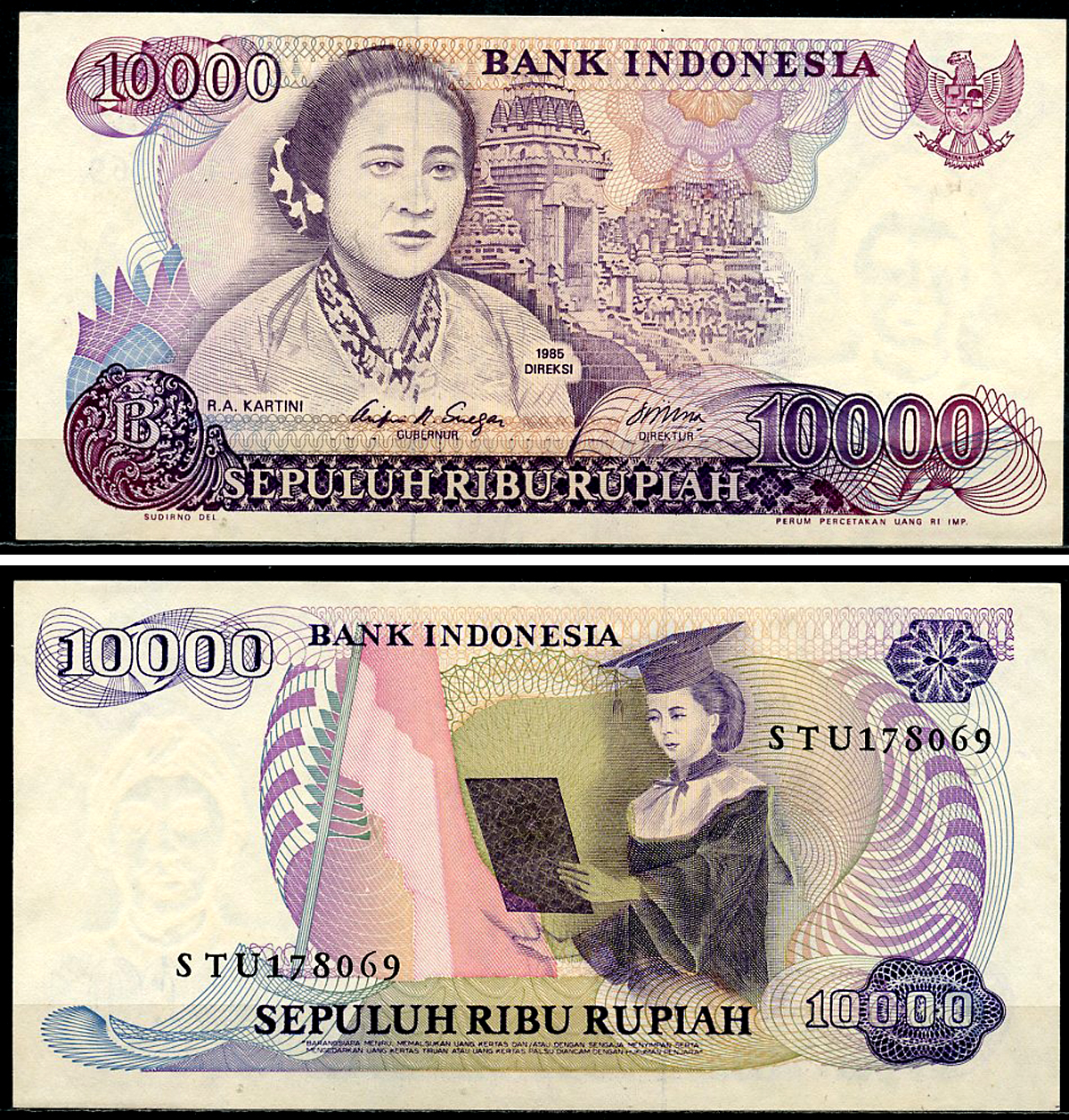Индонезия 10000 рупий 1985 Р. А. Картини, выпусник школы Pick 126 a  бумага  UNC (пресс) 6294-75-1-2