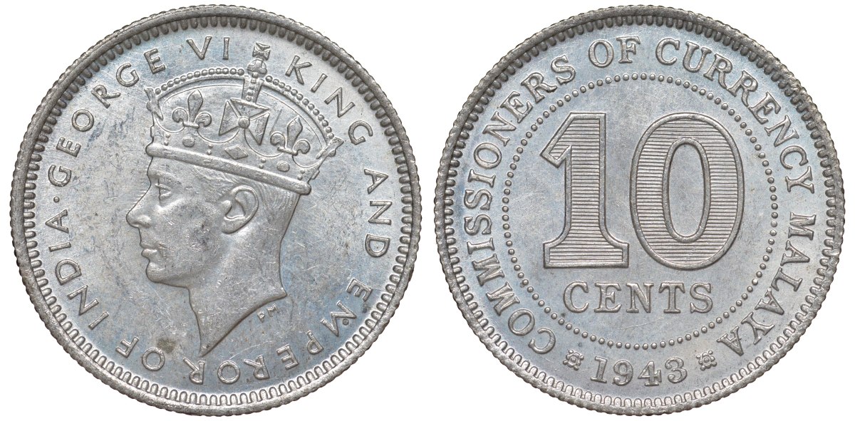 Британская Малайя 10 центов 1943 Георг VI (1937-1952) KM 4a серебро 53-252