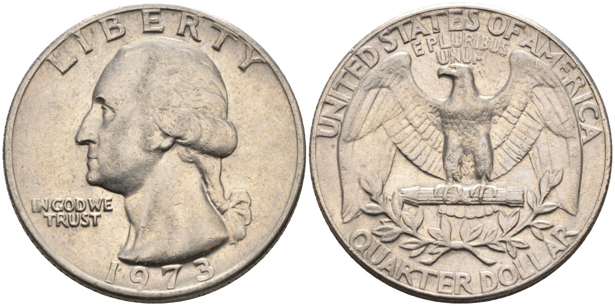 США 25 центов (квотер) 1973 D, Вашингтон KM 164a медь плакированная медно-никелем 4584-1022